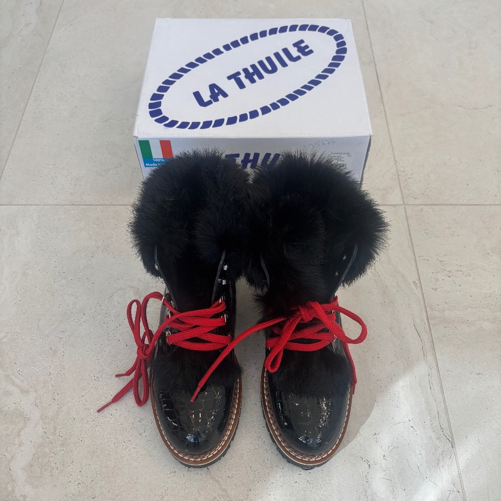 La Thuile Rabbit Fur and Croc Pattern Patent Leather Boots